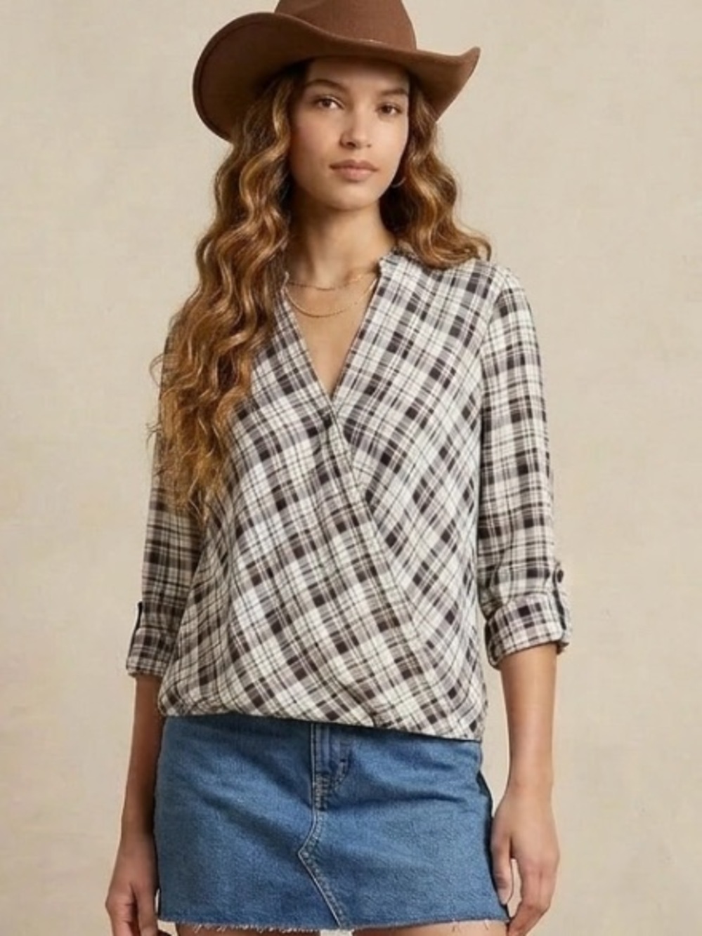 C Faux Wrap Black White Plaid blouse  classic Resortwear coastal Cowgirl western - Picture 5 of 10